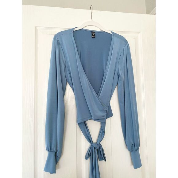Smoky blue slinky cross cross Balloon sleeve top with Tie waste￼￼ - Picture 2 of 3